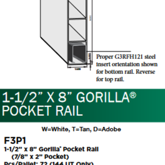 1 1/2'' x 8'' Vinyl Gorilla Pocket Rail White 94''